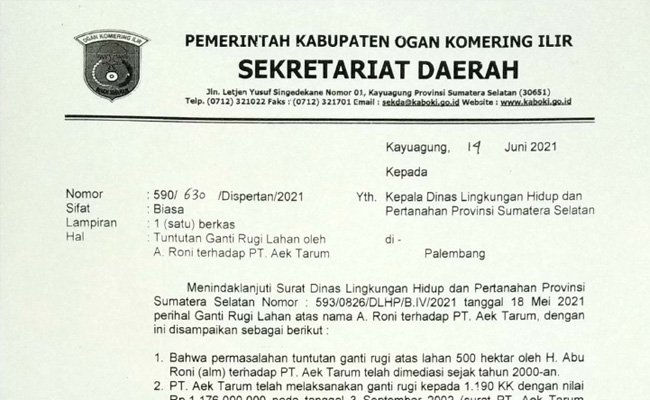 Kasus Ganti Rugi Lahan oleh PT Aek Tarum Dianggap Belum Rampung